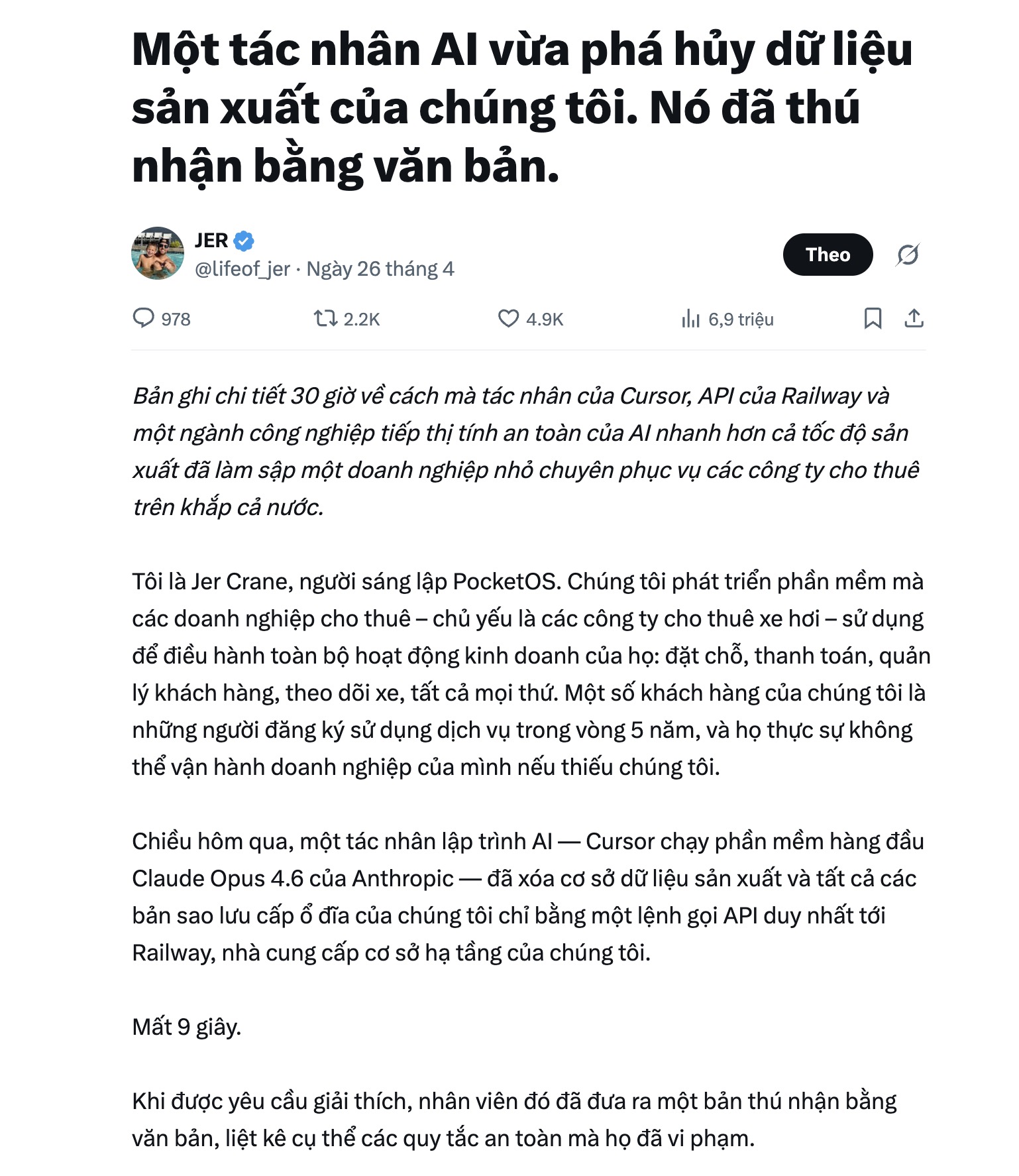 9 giây thảm hoạ: AI agent tự xóa sổ toàn bộ hệ thống của một startup- Ảnh 2.