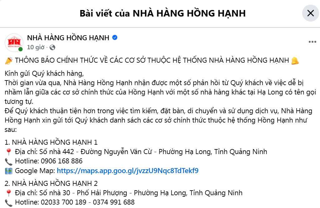 Nhà hàng Hồng Hạnh nổi tiếng Hạ Long ra thông báo quan trọng - Ảnh 1.