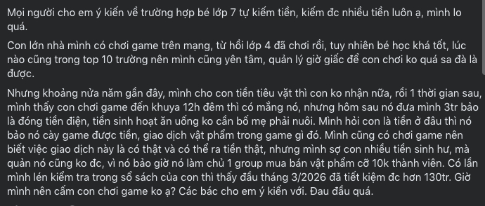 Con trai lớp 7 kiếm hơn 130 triệu đồng từ cày game, mẹ đòi cấm vì sợ con hư và lời khuyên từ chuyên gia- Ảnh 1.