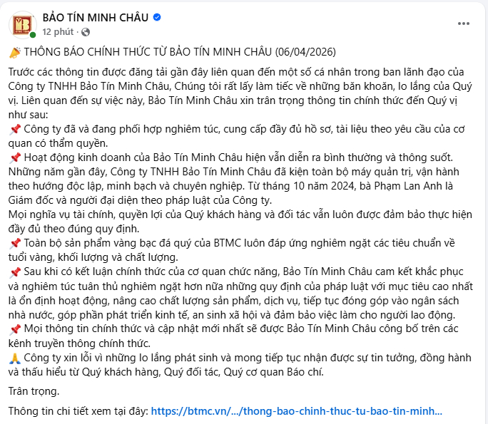 Bảo Tín Minh Châu chính thức lên tiếng sau thông tin khởi tố cha con ông Vũ Minh Châu- Ảnh 1.