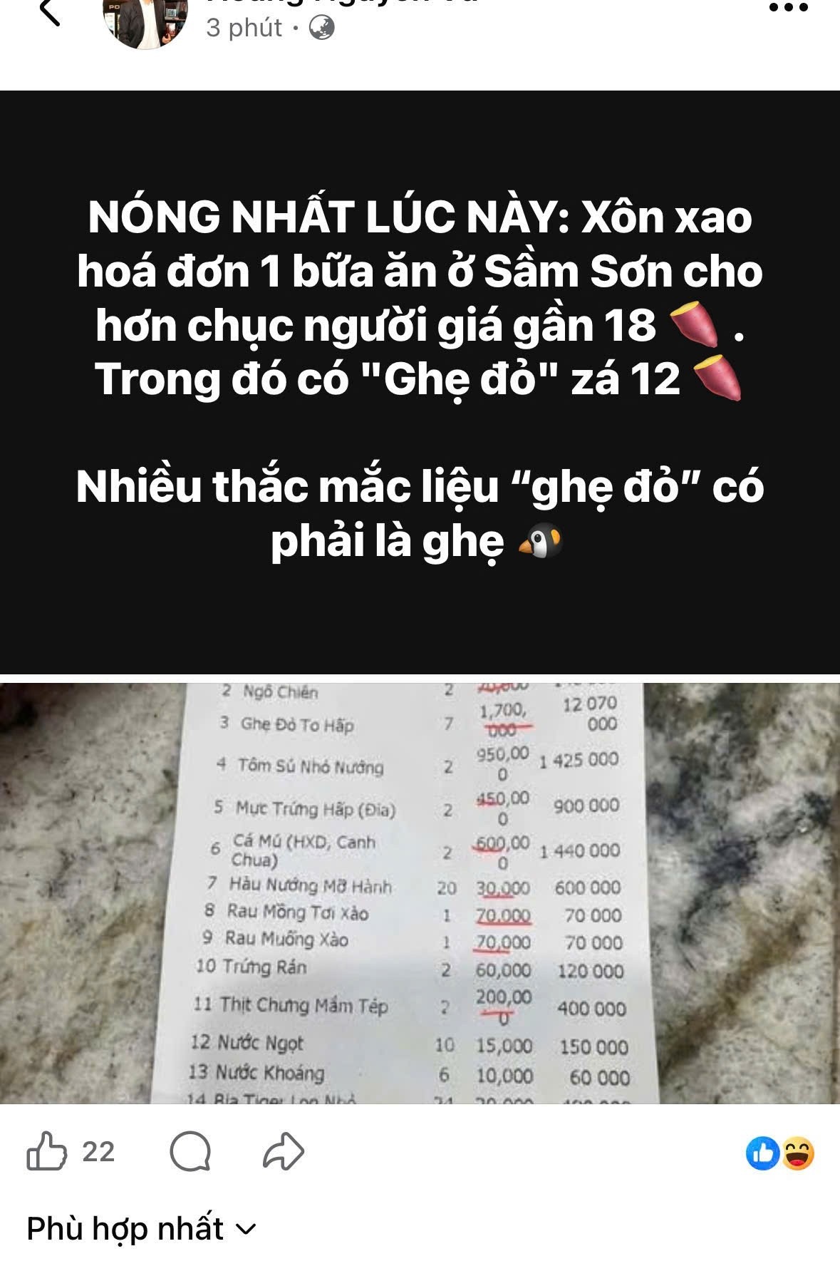 Xôn xao hóa đơn bữa ăn gần 18 triệu đồng, trong đó ghẹ đỏ 1,7 triệu đồng/kg ở Sầm Sơn - Ảnh 1.