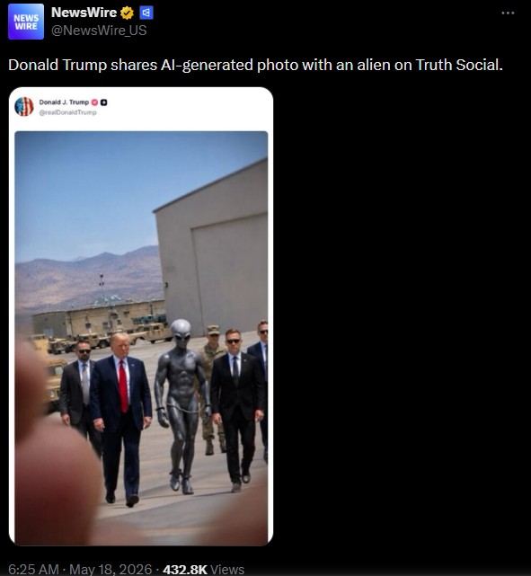 Sau hồ sơ UFO của Bộ Chiến tranh Mỹ, ông Trump bất ngờ đăng ảnh “người ngoài hành tinh”: Thực hư ra sao?- Ảnh 1.