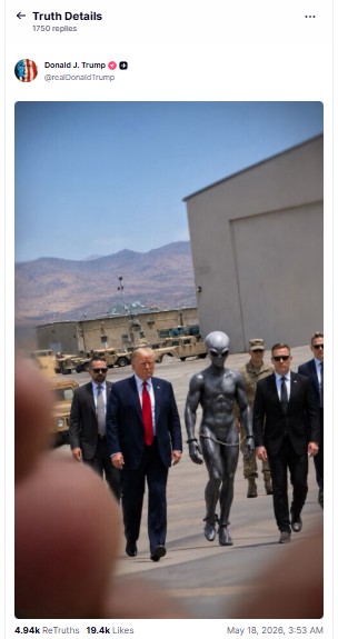 Sau hồ sơ UFO của Bộ Chiến tranh Mỹ, ông Trump bất ngờ đăng ảnh “người ngoài hành tinh”: Thực hư ra sao?- Ảnh 2.