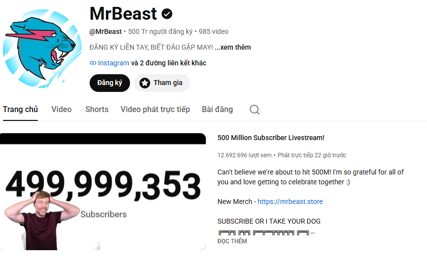 MrBeast cán mốc 500 triệu người đăng ký, lập kỷ lục chưa từng có trên YouTube- Ảnh 1.