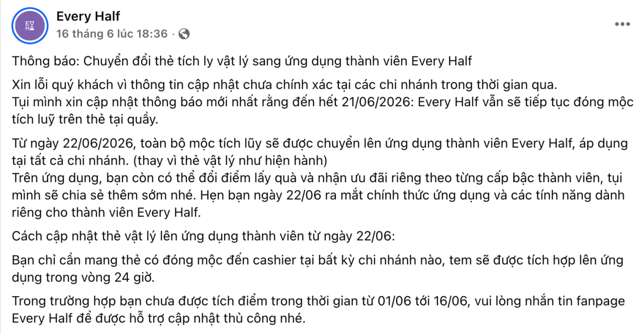 Every Half chính thức lên tiếng sau tranh cãi dừng thẻ tích điểm giấy và yêu cầu khách tải app- Ảnh 1.