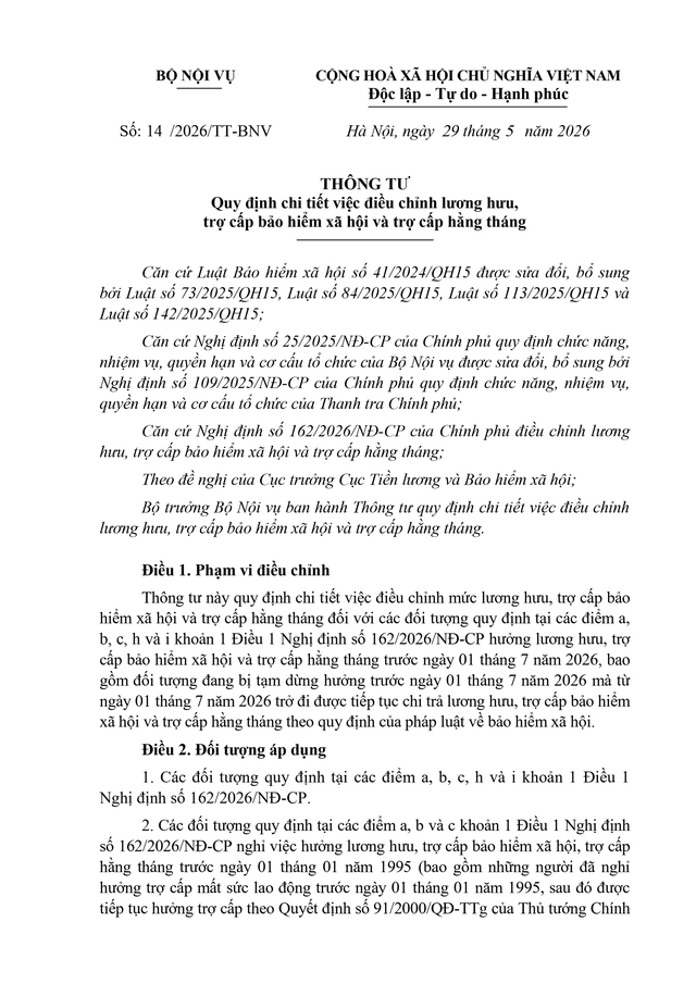 Thông tư số 14/2026/TT-BNV quy định chi tiết việc điều chỉnh lương hưu, trợ cấp bảo hiểm xã hội, trợ cấp hằng tháng- Ảnh 1.