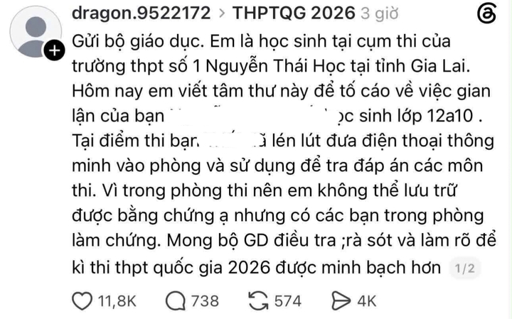 Sở GD&ĐT Gia Lai làm rõ vụ 'tâm thư' tố thí sinh dùng điện thoại trong phòng thi- Ảnh 1.