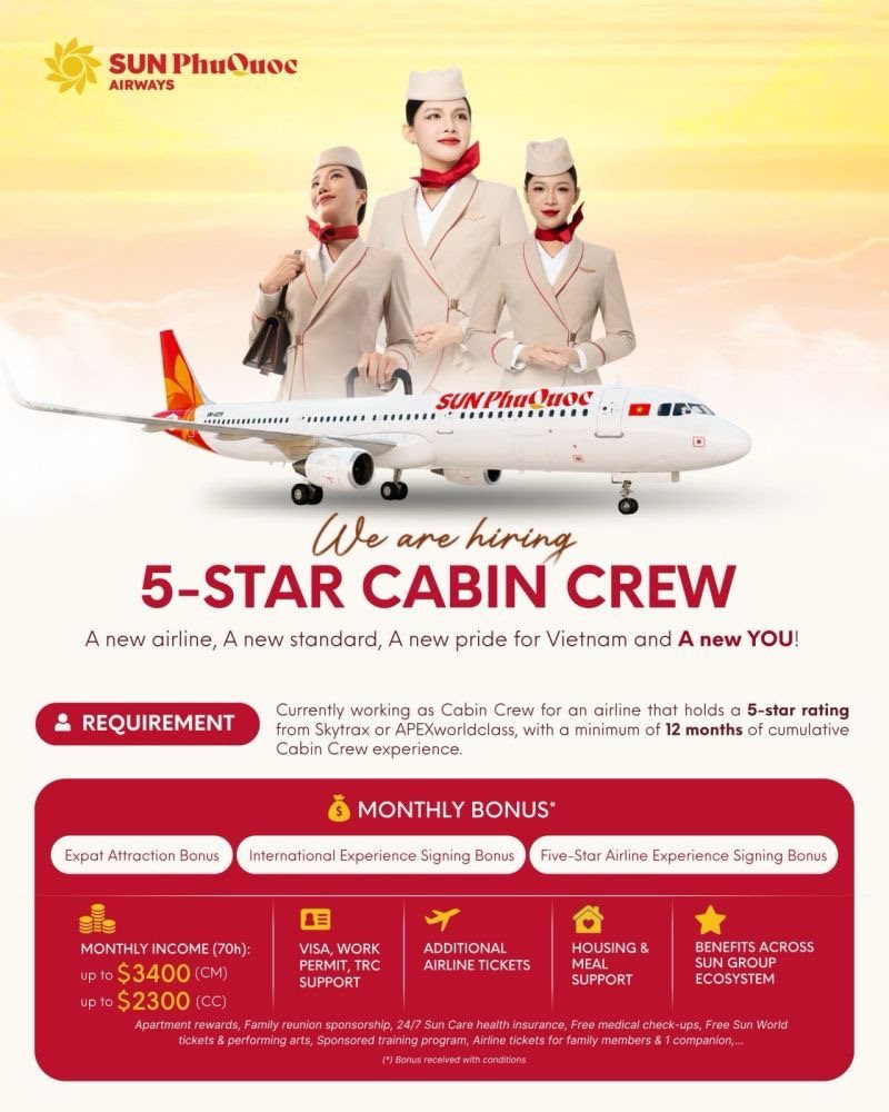 Sun PhuQuoc Airways tuyển tiếp viên: Thu nhập lên tới 90 triệu đồng/tháng, hỗ trợ nhà ở, ăn uống- Ảnh 1.