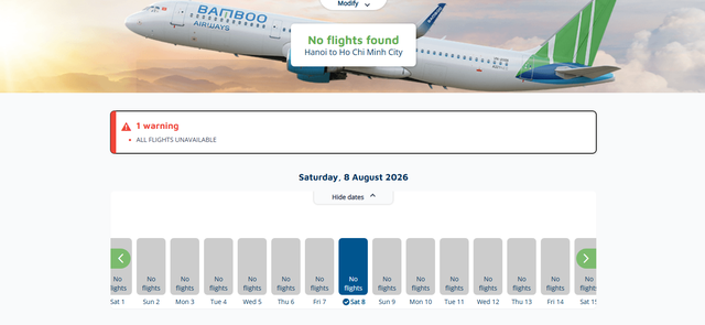 Website Bamboo Airways không còn hiển thị chuyến bay khả dụng trong tháng 8 trên nhiều đường bay- Ảnh 1. Website Bamboo Airways không còn hiển thị chuyến bay khả dụng trong tháng 8 trên nhiều đường bay- Ảnh 1.
