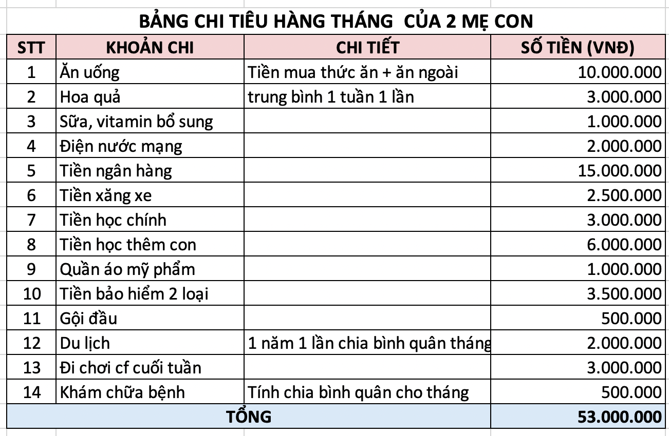 Giật mình bảng chi tiêu 53 triệu/tháng của hai mẹ con: Riêng tiền ăn thôi đã bằng cả tháng lương công sở- Ảnh 1.