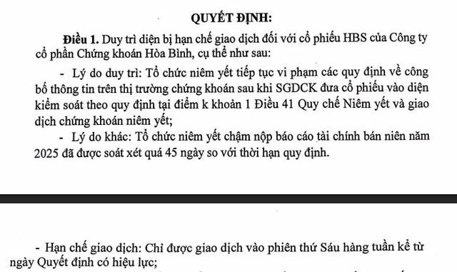 Cổ phiếu của Chứng khoán Hòa Bình duy trì diện hạn chế giao dịch- Ảnh 1.