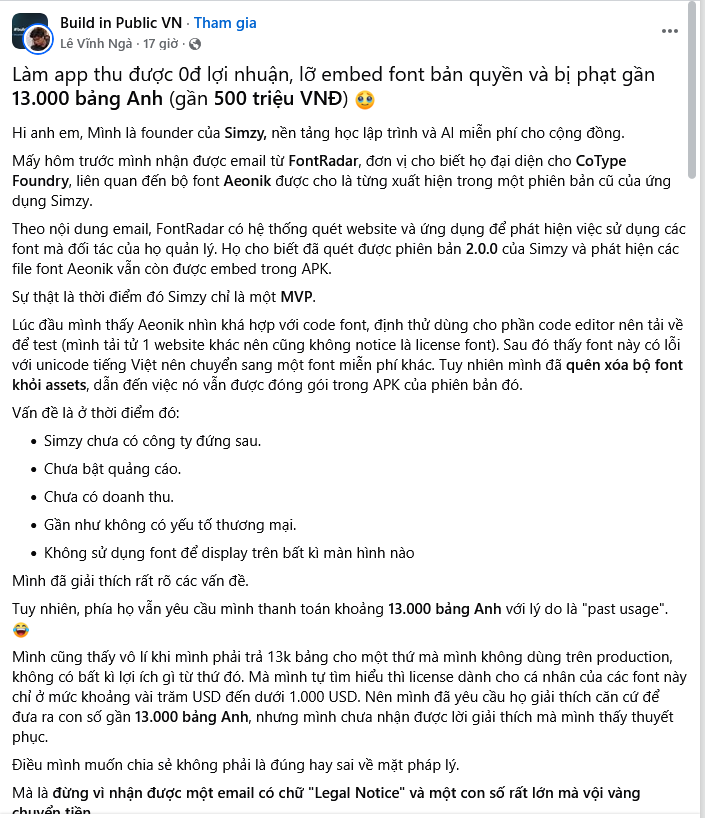 Làm app miễn phí chưa có doanh thu, founder Việt bất ngờ nhận yêu cầu mua bản quyền font gần 500 triệu đồng vì một file bị bỏ quên- Ảnh 1.