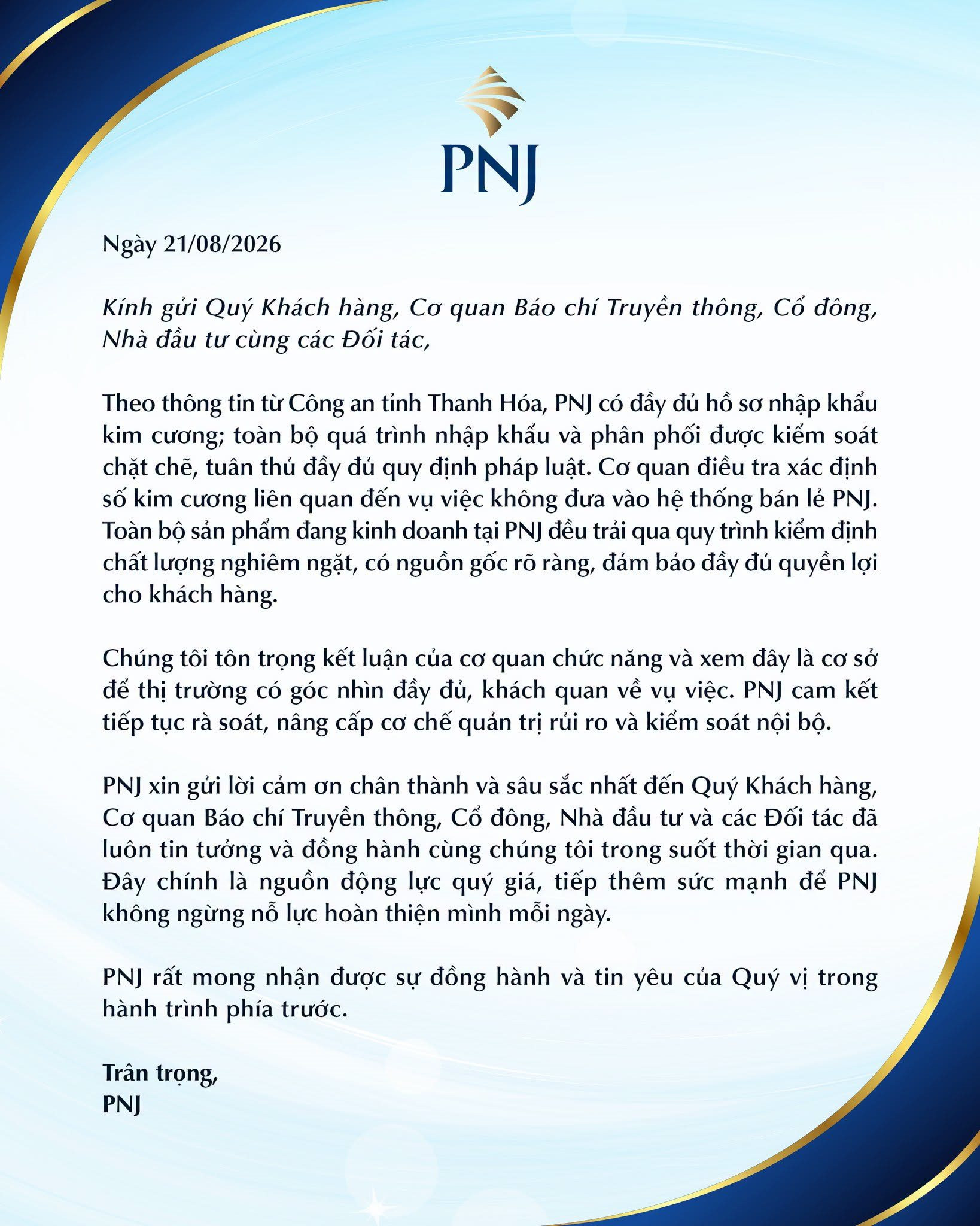 PNJ phát thông báo mới sau kết luận về vụ buôn lậu kim cương- Ảnh 1.