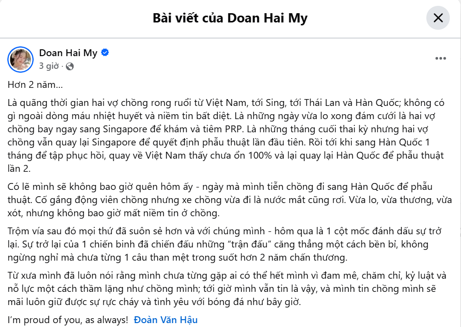 Doãn Hải My bất ngờ viết tâm thư về Đoàn Văn Hậu đúng 1 ngày sau chung kết ASIAN Cup: 