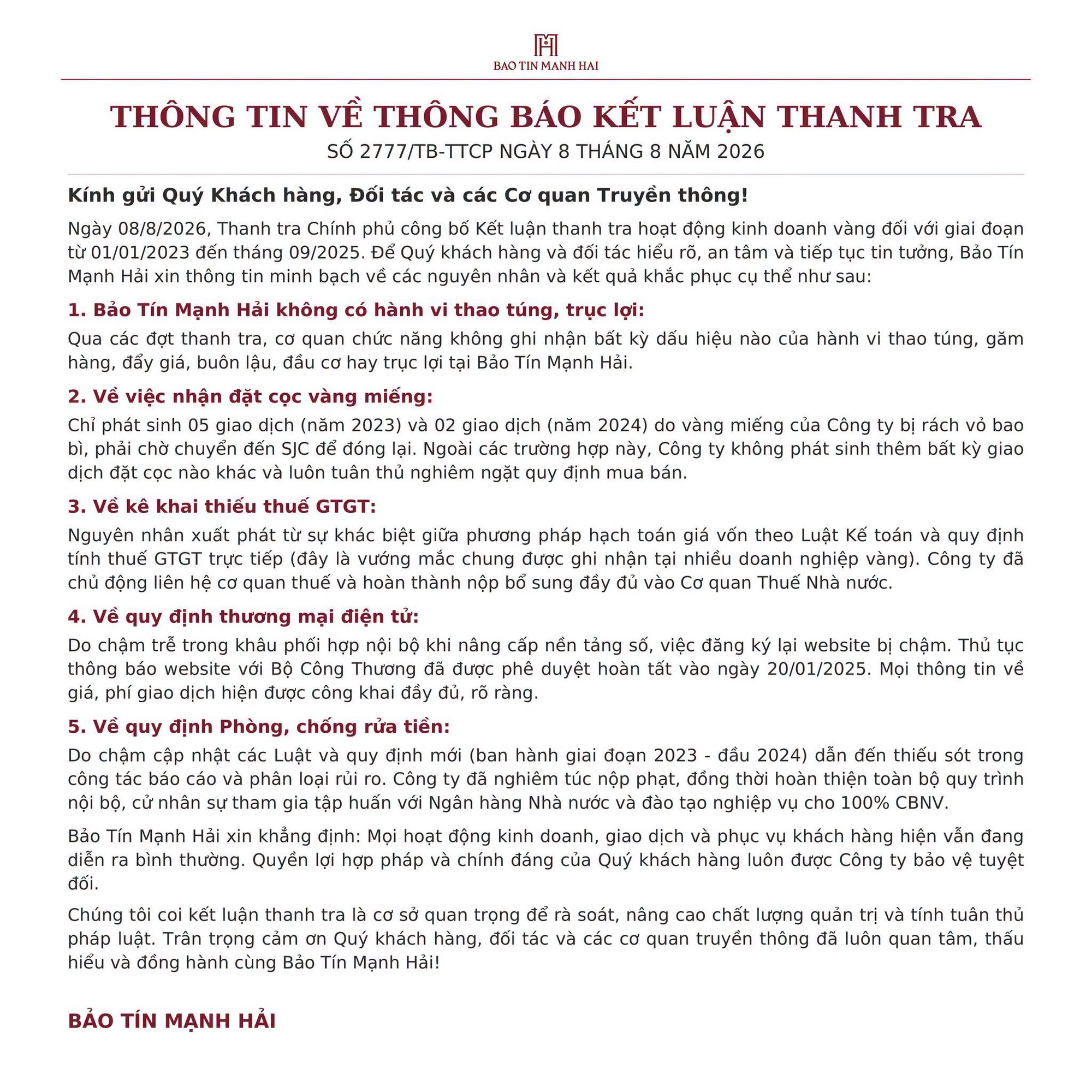 Bảo Tín Mạnh Hải lên tiếng sau kết luận của Thanh tra Chính phủ- Ảnh 2.