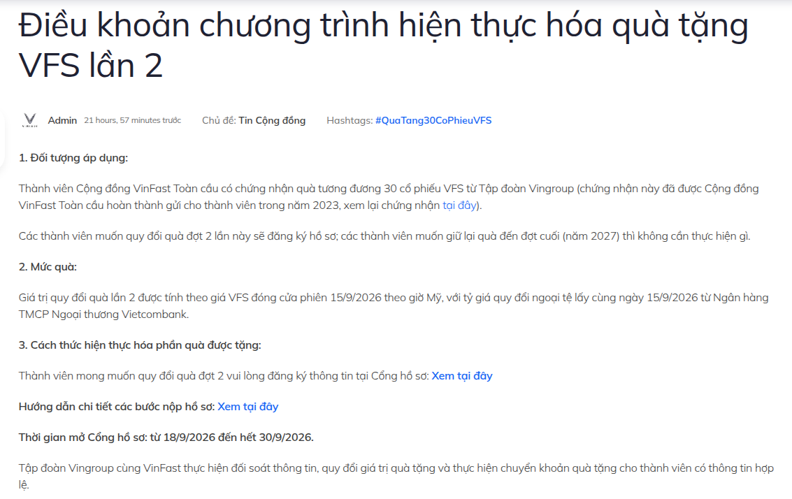 VinFast quy đổi cổ phiếu VFS ra tiền mặt cho các thành viên cộng đồng VinFast toàn cầu- Ảnh 1.