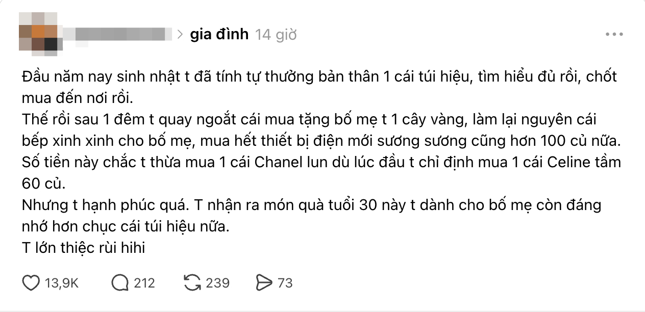 Tặng bố mẹ 1 cây vàng, chi 100 triệu sửa bếp vui hơn “tự thưởng” túi hiệu 60 triệu- Ảnh 1.