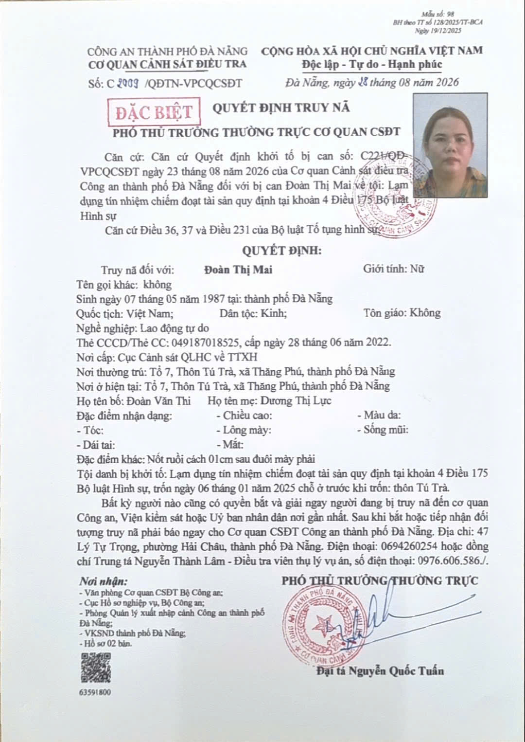 Công an truy nã Đoàn Thị Mai SN 1987, ai cũng có quyền bắt giữ - Ảnh 1. Công an truy nã Đoàn Thị Mai SN 1987, ai cũng có quyền bắt giữ - Ảnh 1.