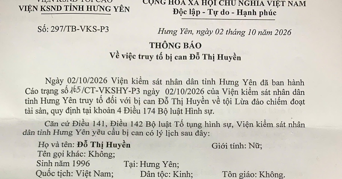 Truy tố, yêu cầu Đỗ Thị Huyền SN 1996 đến công an đầu thú