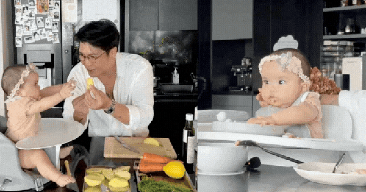 Bố bỉm Huy Trần nấu ăn dặm cho bé Gạo, ái nữ háu ăn đến mức đòi miếng khoai tây vừa hấp xong, khiến ai cũng bật cười