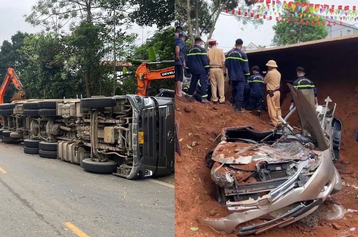 Hiện trường vụ xe đầu kéo đang đi thì đổ ra đường, đè 2 phụ nữ tử vong ở Phú Thọ