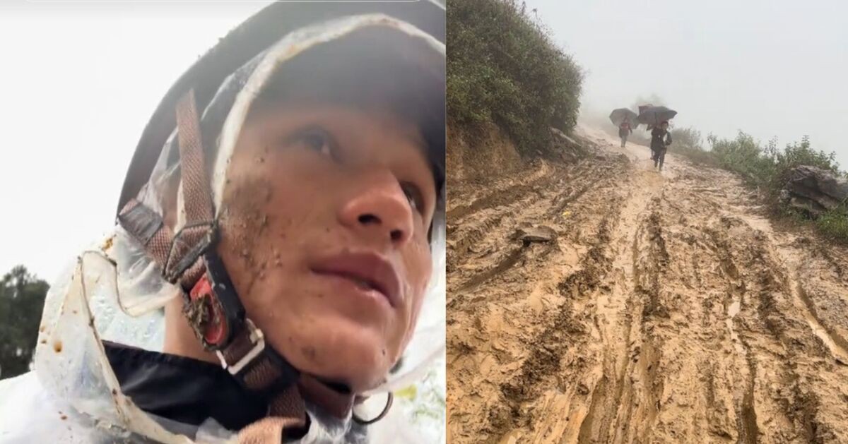 Xúc động thầy giáo vùng cao bùn bắn tận mặt, hướng dẫn trẻ đi học trên đường lầy