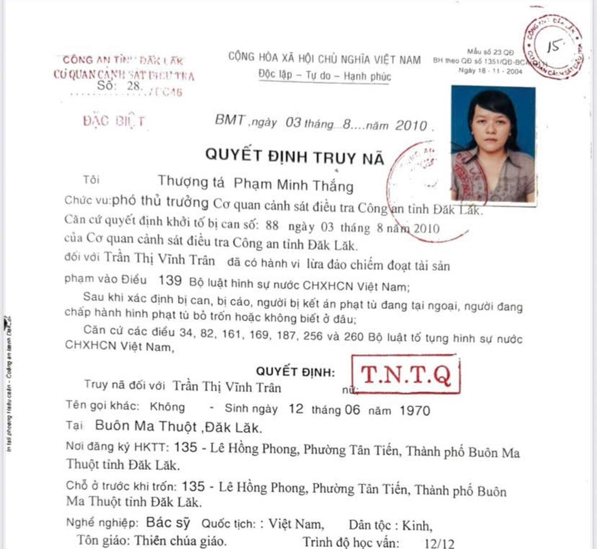 Truy nã đặc biệt bác sĩ Trần Thị Vĩnh Trân