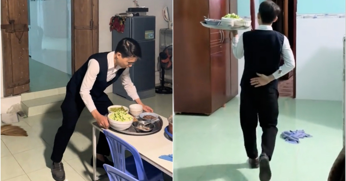 Mặc gile đen bưng mâm cơm "chuẩn 5 sao" giữa gian nhà quê, thanh niên khiến người xem đòi kiểm tra bảng điểm