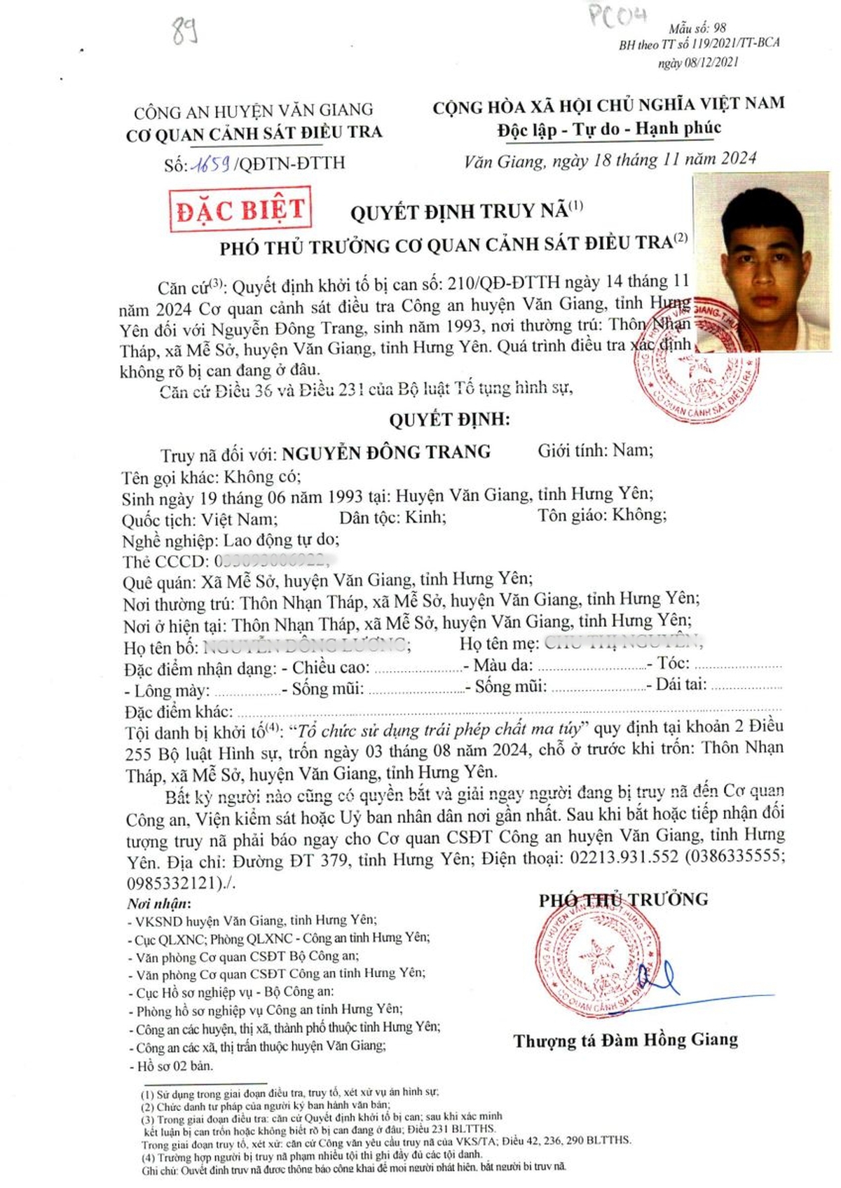 Công an Hưng Yên truy nã đặc biệt Nguyễn Đông Trang SN 1993