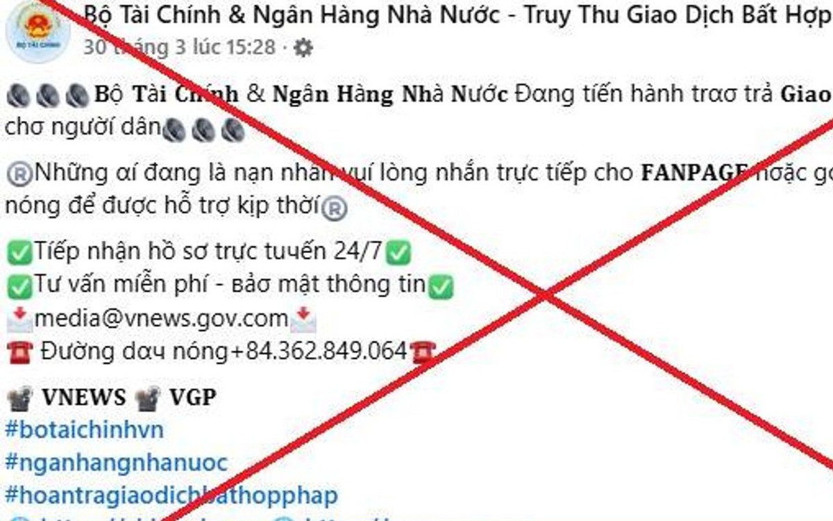 Cảnh báo trang facebook giả mạo Bộ Tài Chính hỗ trợ lấy lại tiền bị lừa