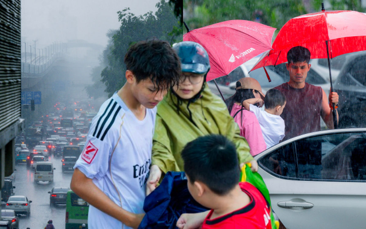 Hà Nội đang nắng gắt bỗng tối sầm, mưa như trút nước giữa trưa khiến người đi đường không kịp trở tay