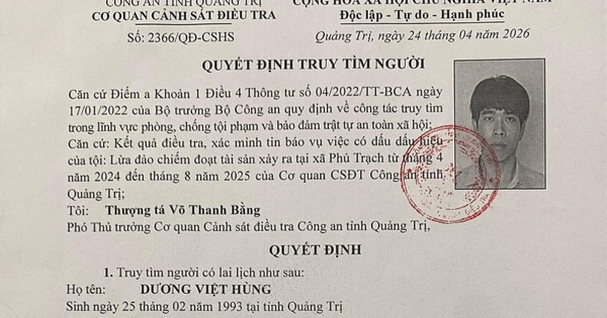 Công an tỉnh Quảng Trị truy tìm người đàn ông có tên Dương Việt Hùng