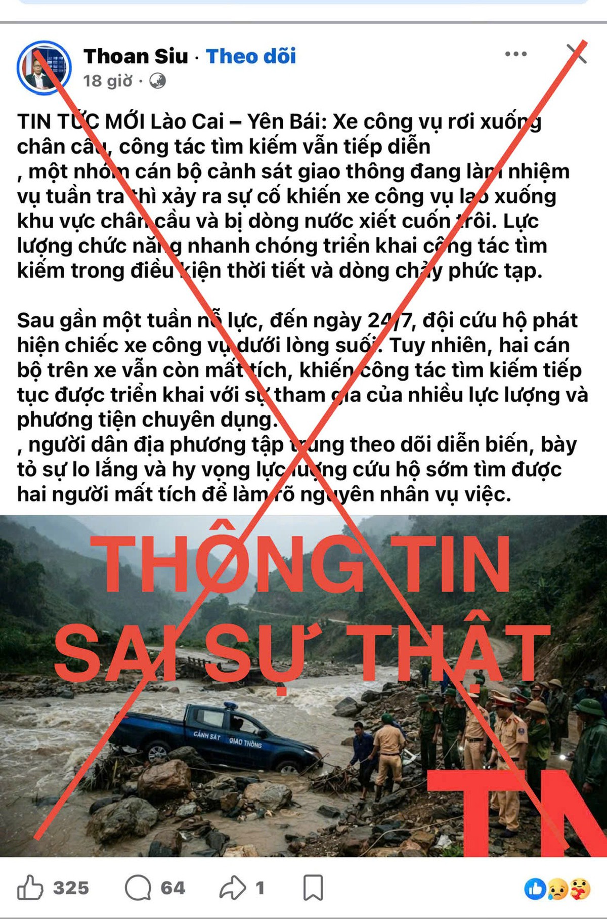 Tin đồn xe CSGT gặp nạn, 2 cán bộ mất tích gây xôn xao mạng xã hội: Công an khẳng định là bịa đặt