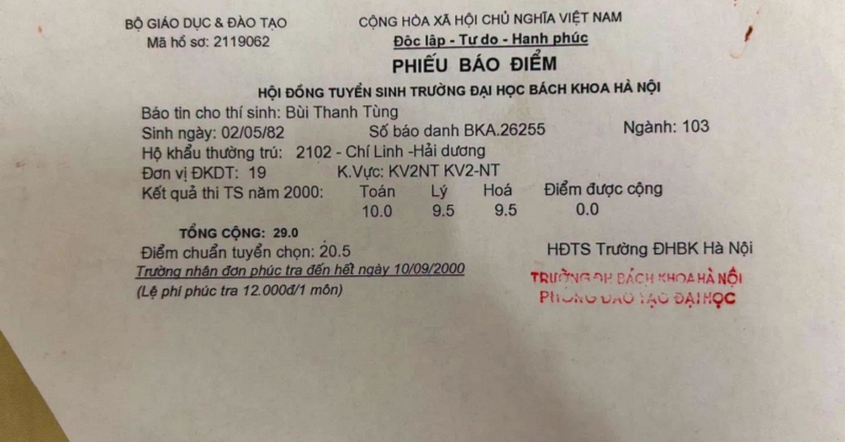 Tấm giấy báo điểm ĐH Bách khoa năm 2000 khiến nhiều người trầm trồ: Profile nhân vật sau 26 năm càng ấn tượng
