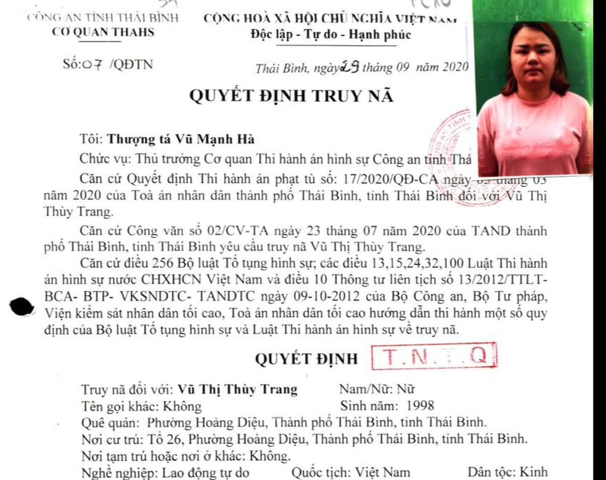 Quyết định truy nã Vũ Thị Thùy Trang SN 1998