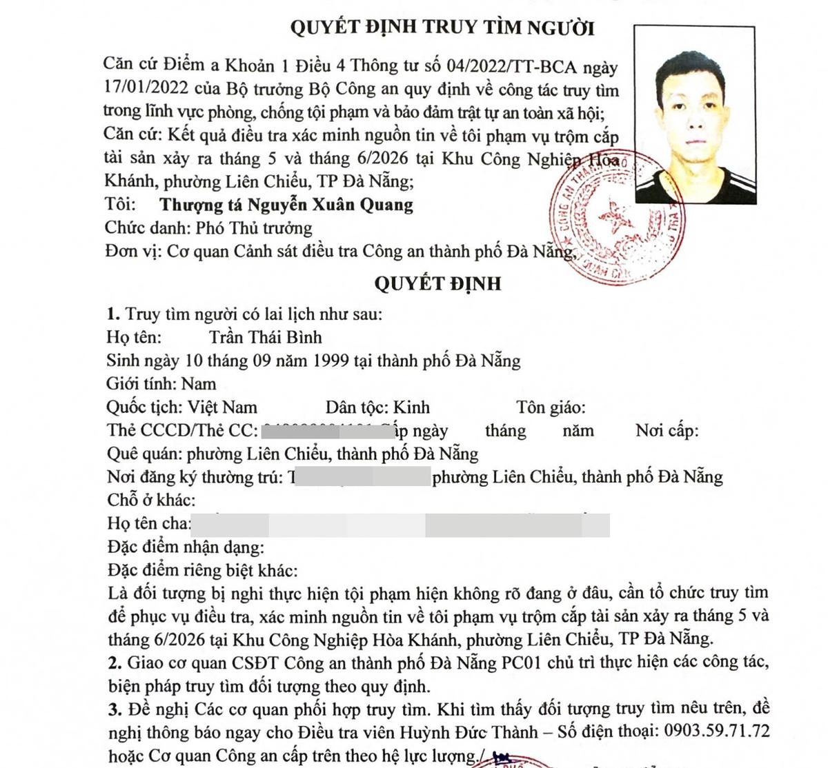 Công an truy tìm 2 người tên Lê Văn Cảnh SN 2002 và Trần Thái Bình SN 1999