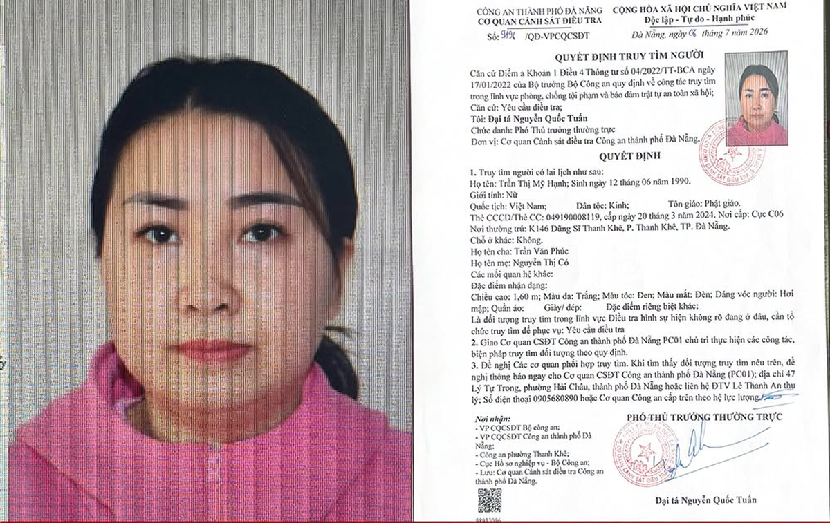 Ai thấy Trần Thị Mỹ Hạnh SN 1990 ở đâu, khẩn trương liên hệ công an: Danh tính người cung cấp sẽ được bảo mật