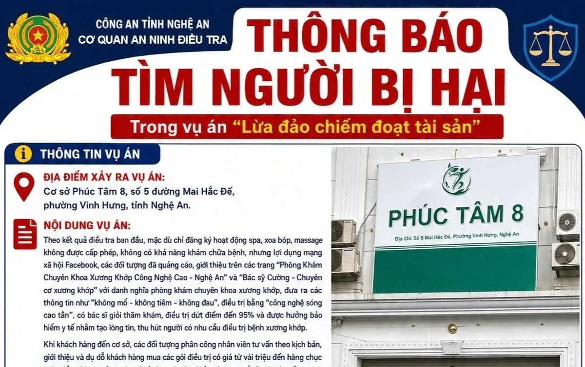 Công an Nghệ An tìm người từng ‘điều trị xương khớp’ tại cơ sở Phúc Tâm 8