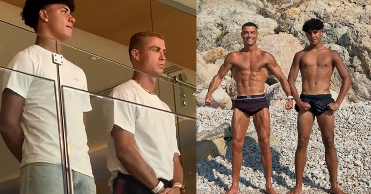 Ronaldo xuất hiện bảnh bao nhưng con trai mới chiếm "spotlight": 16 tuổi đã cao 1m85, màn cha con đọ cơ bắp cũng gây choáng