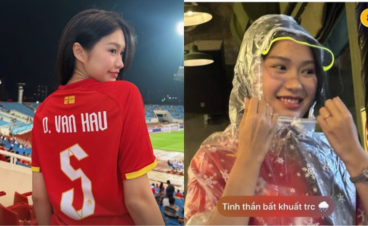 Doãn Hải My lúc xinh đẹp, lúc "chật vật" khó nhận ra khi đến Mỹ Đình cổ vũ ĐT Việt Nam ngày mưa gió, Văn Hậu nói đúng 2 từ đủ thể hiện tình yêu