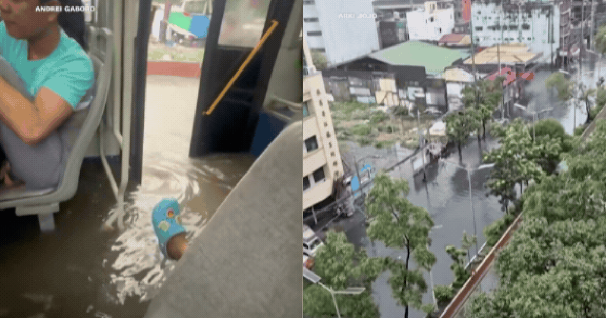 Nước lũ tràn vào xe buýt chở đầy người giữa trận mưa lớn ở Philippines