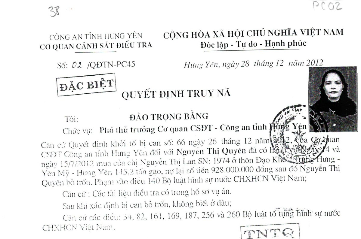 Công an điều tra giao dịch mua gạo 928 triệu đồng: Truy nã Nguyễn Thị Quyên SN 1966