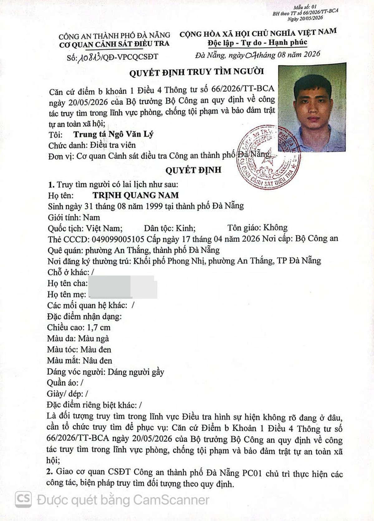 Công an truy tìm người có tên Trịnh Quang Nam SN 1999