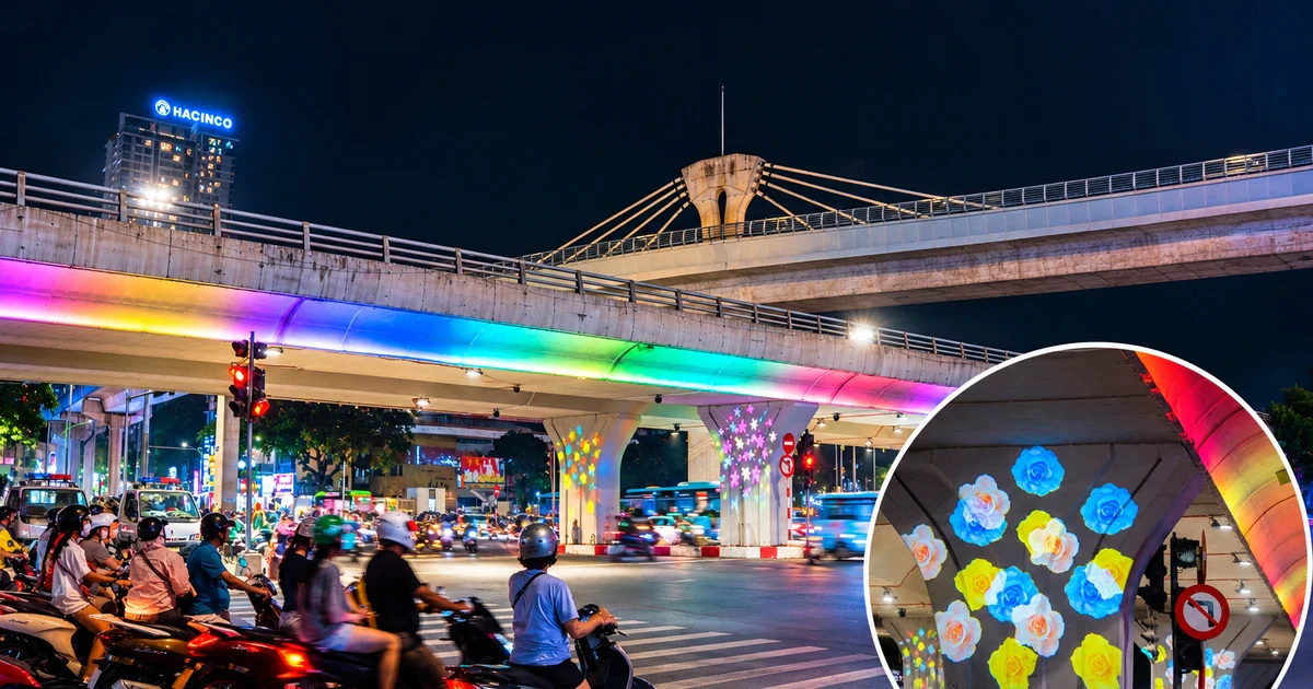 Cầu vượt Hà Nội khoác "áo hoa" rực rỡ về đêm