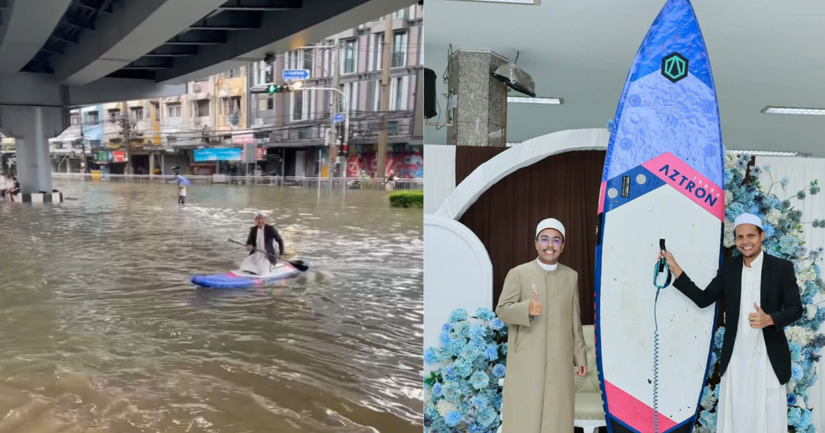 MC đám cưới chèo thuyền vượt đèn đỏ giữa ngày Bangkok ngập lụt, cảnh sát giao thông nói 1 câu hút 17 triệu người