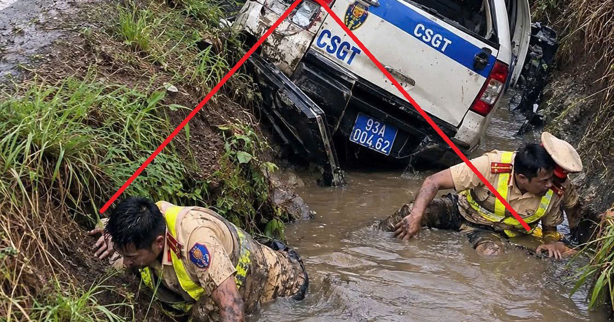 Sự thật hình ảnh xe công an và 2 CSGT nằm dưới mương nước