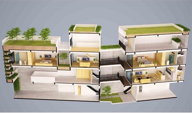 
Mô hình bố trí toàn bộ ngôi nhà từ tầng 1 lên tầng 4.

 
