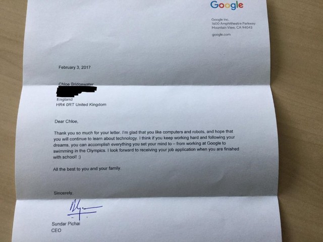 
Bức thư phản hồi cô bé Chloe của CEO Sundar Pichai.
