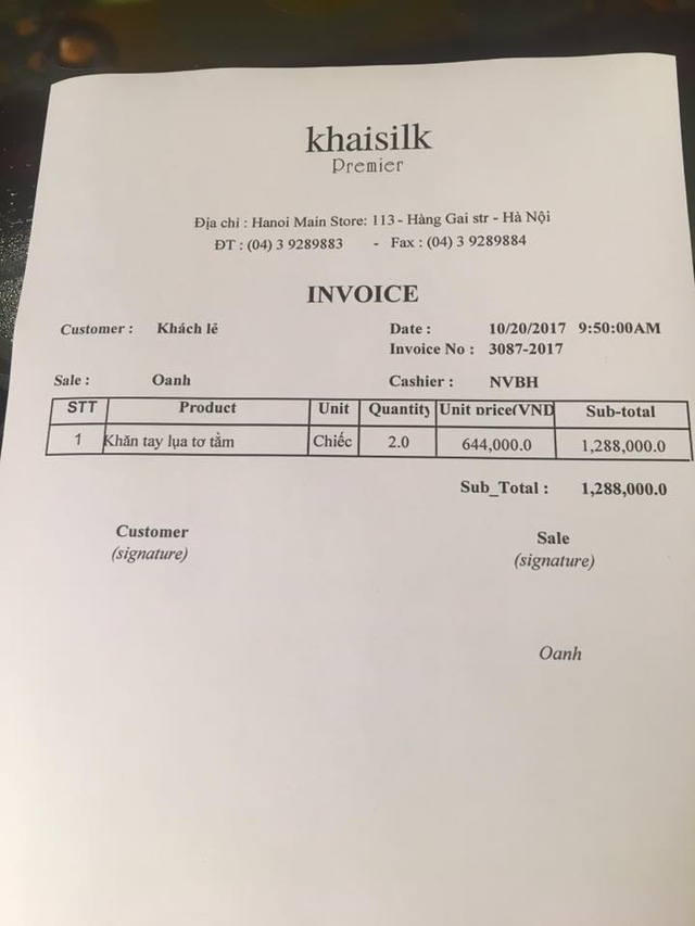 
Hóa đơn anh đã mua khăn tại cửa hàng Khaisilk.
