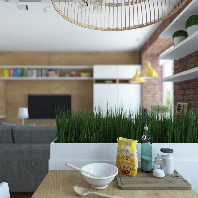 Bức tường trồng cỏ nhân tạo giúp phân chia không gian hai khu vực phòng khách và bếp. 